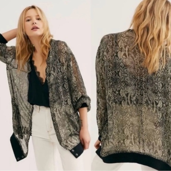 Free People Lori Python Sheer Oversized Button Up Bomber /Jacket/ Cardigan,S/M/L - Picture 1 of 8